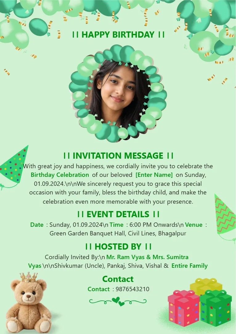 Green birthday invitation template with balloon wreath photo frame, teddy bear and gift illustrations