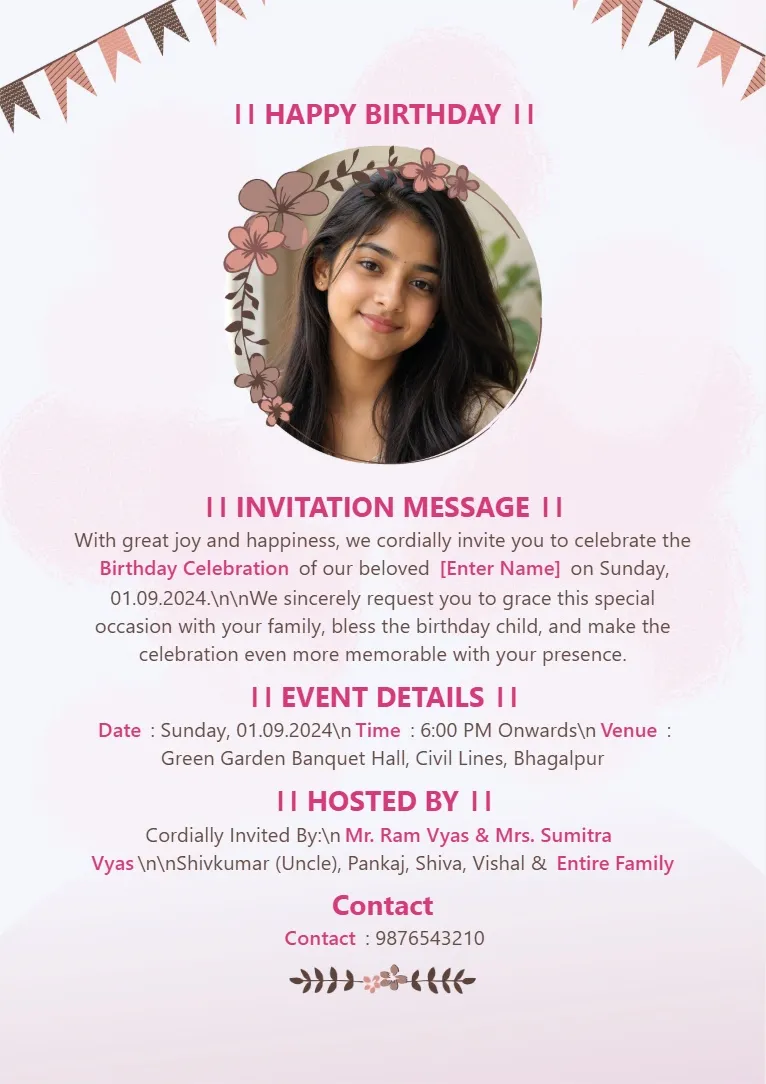 Minimal floral birthday invitation template with elegant flower illustrations and clean layout