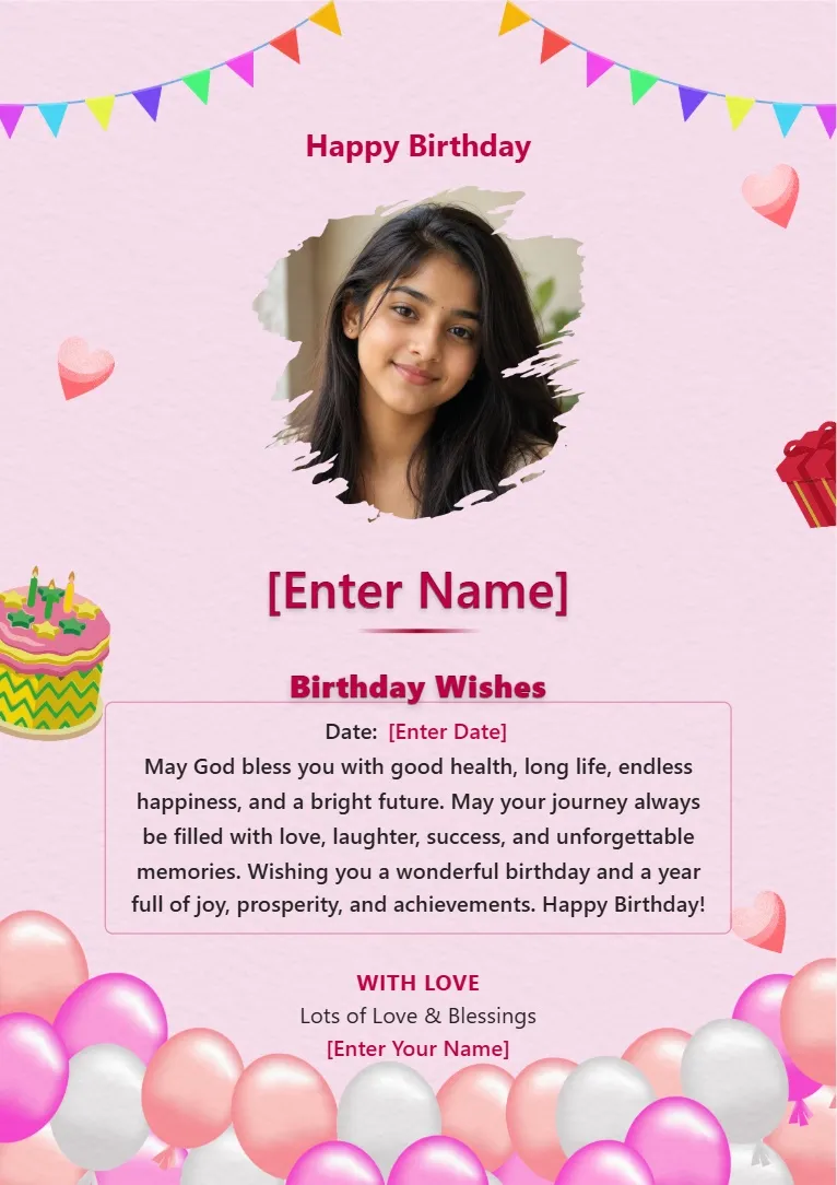 Elegant birthday wish card template with pink balloons